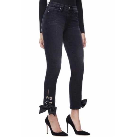 Good American Black Straight Leg Grommet Lace Up Ankle Jeans - Picture 1 of 9